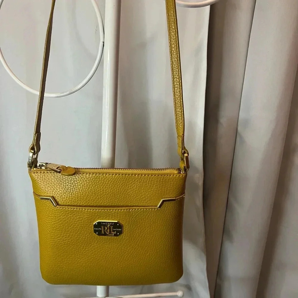 Lauren Ralph Lauren Mustard Pebbled Leather Crossbody Gold Hardware - Picture 2 of 12